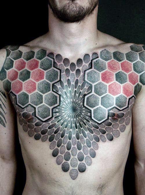 Amazing Green Red Dotted Honeycomb Tattoo Males Chest