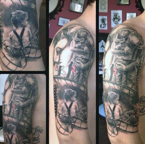 Amazing Grey Black Father Hugging Son Family Tattoo Mens Upper Arms