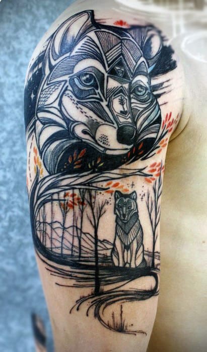 Amazing Grey Ink Fox Head Tattoo On Man Right Half Sleeve
