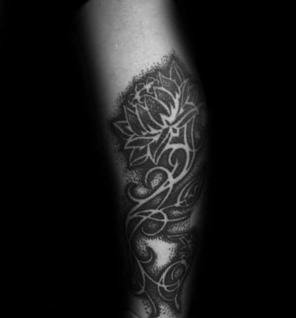 Amazing Guys Dotwork Lotus Flower Negative Space Leg Tattoos