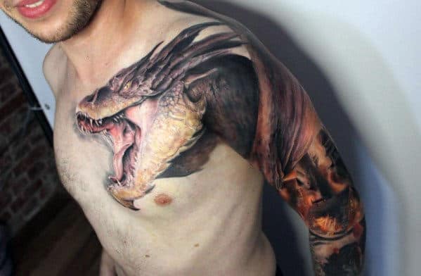 Amazing Guys Dragon Sleeve And Shoulder Tattoos