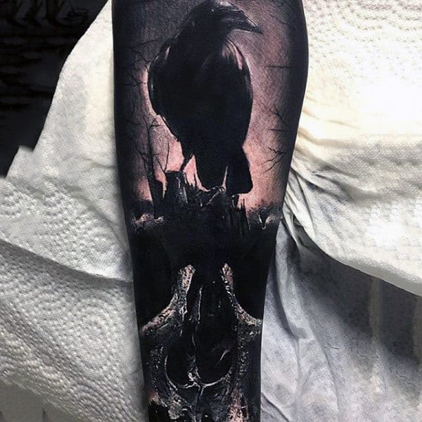 Amazing Guys Forearm Sleeve Black Crow Tattoo With Skull