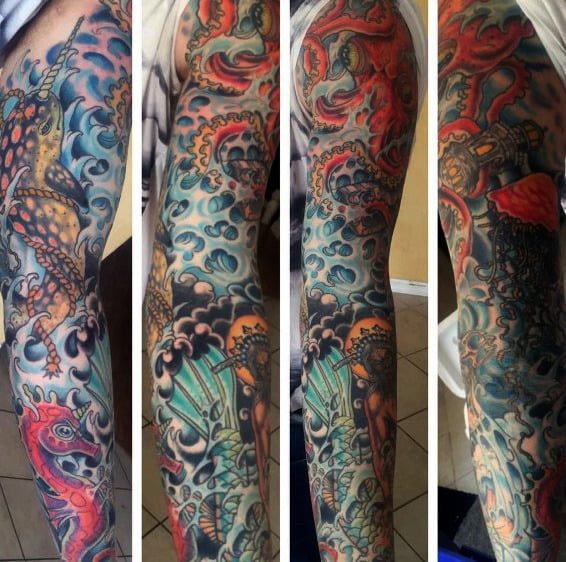 Amazing Guys Full Arm Sleeve Kraken Tattoos