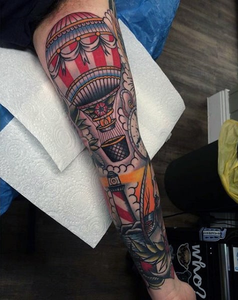 Amazing Guys Hot Air Balloon Old School Tattoo Sleeve