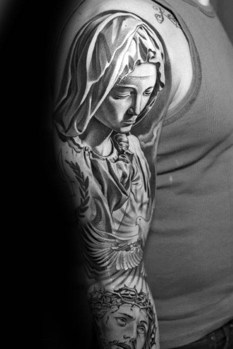 Amazing Guys Mother Mary And Jesus Christian Sleeve Tattoos