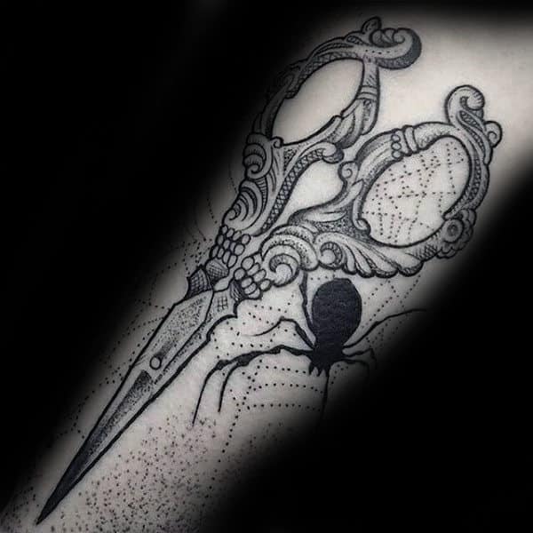 Amazing Guys Scissor Spider Web Forearm Tattoo Ideas