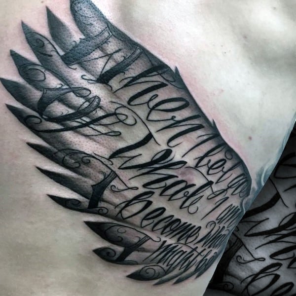 Amazing Guys Script Angel Wing Rib Cage Side Tattoos