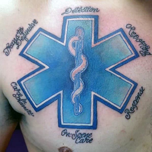 Amazing Guys Star Of Life Chest Tattoo With Blue Ink Shaded Design
