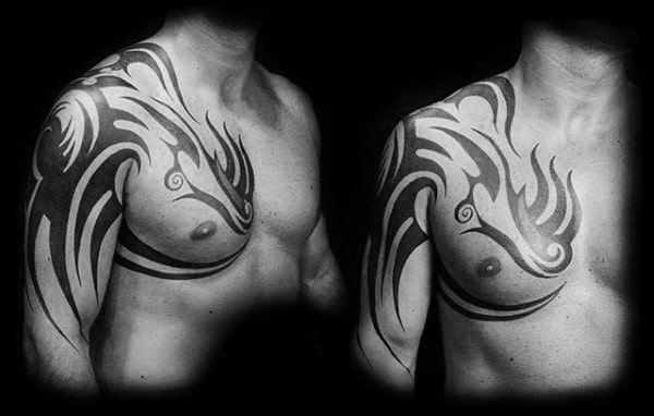 Amazing Guys Traditional Black Ink Tribal Tattoo Designs On Arm Chest And Shoulders