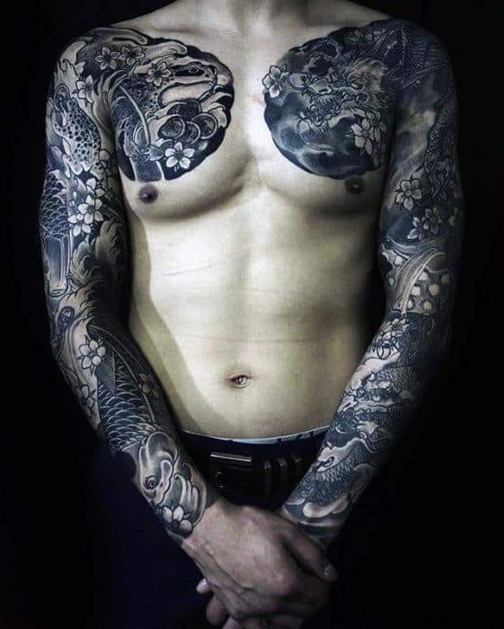 Amazing Guys Traditional Japanese Upper Chest And Full Sleeve Tattoo Ideas