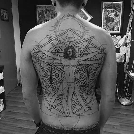 Amazing Guys Vitruvian Man Full Back Geometric Tattoo Design Ideas