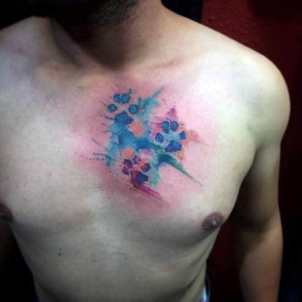 Amazing Guys Watercolor Dog Paws Tattoo On Chest