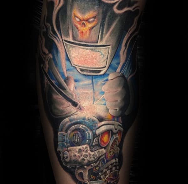 Amazing Guys Welder Repairing Metal Robot Head Tattoo On Arm