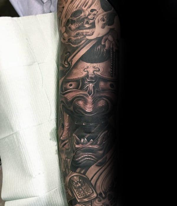 Amazing Hannya Mask 3d Tattoo Sleeve On Male