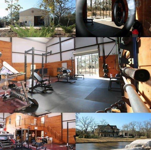 Spacious garage gym with high ceilings, squat rack, bench, and natural wood paneling.
