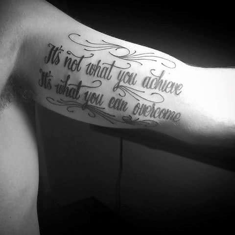 Amazing Inner Arm Bicep Quote Mens Overcome Tattoo Designs