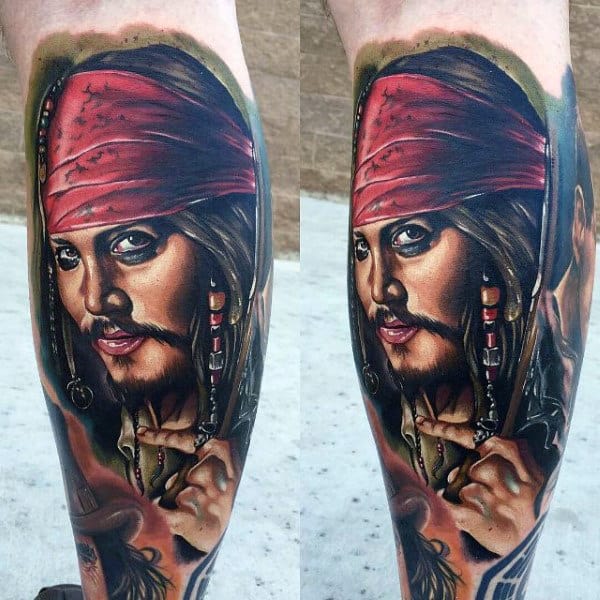Amazing Jack Sparrow Modern Mens Leg Sleeve Tattoo Designs