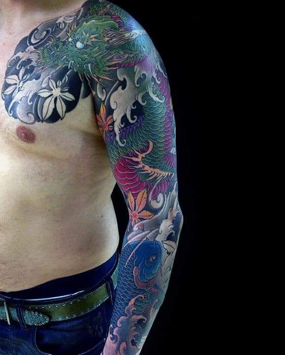 Amazing Japanese Sleeve Full Arm Dragon And Blue Koi Fish Tattoos For Men