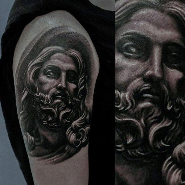 Amazing Jesus Male Tattoos On Upper Arm With Shaded Ink