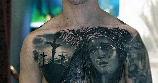 Amazing Jesus On The Cross Virgin Mary Guys Chest Tattoos