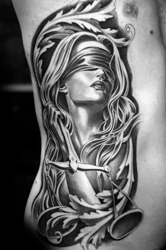Amazing Lady Justice Rib Cage Side Tattoo On Gentleman