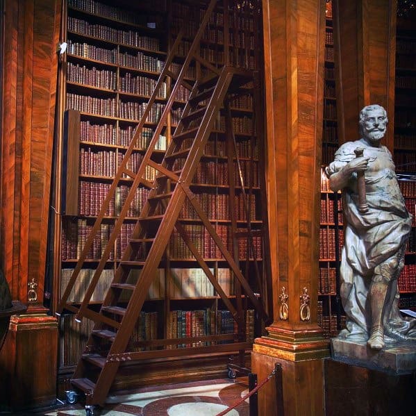 Ornate library with tall bookshelves, wooden ladder, and stone statue