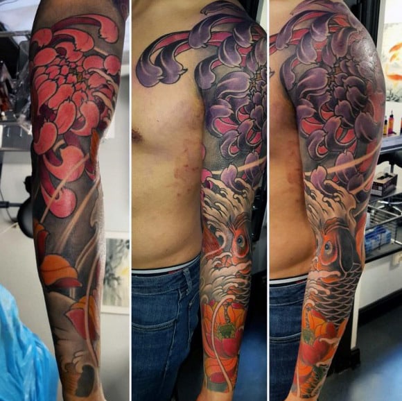 Amazing Lotus Flower Full Sleeve Tattoos For Males