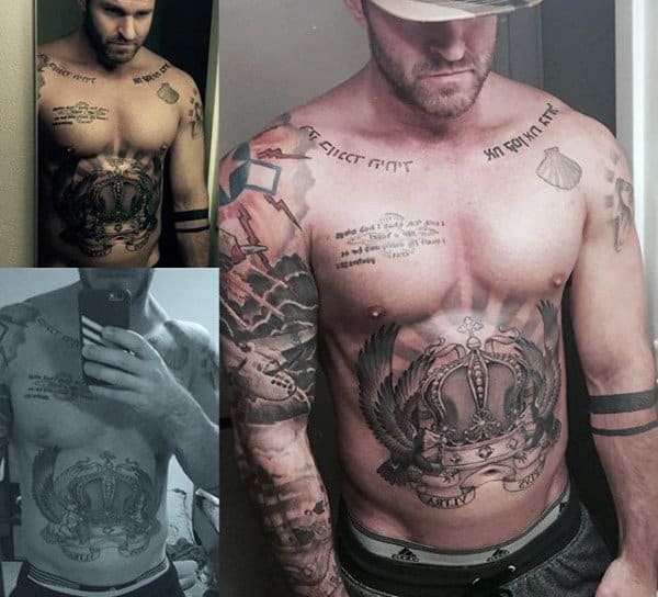 Amazing Male Crown With Angel Feathers Tattoo On Chest