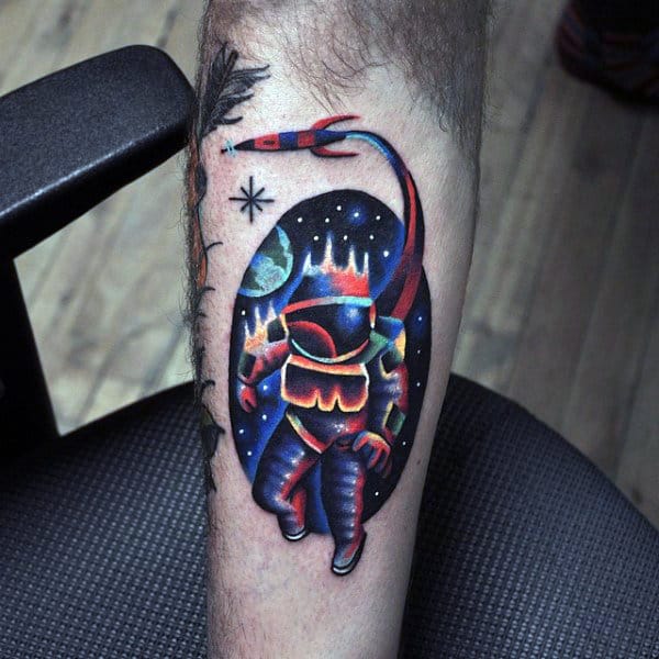 Amazing Male Watercolor Astronaut Spaceship Small Tattoo Ideas On Arm