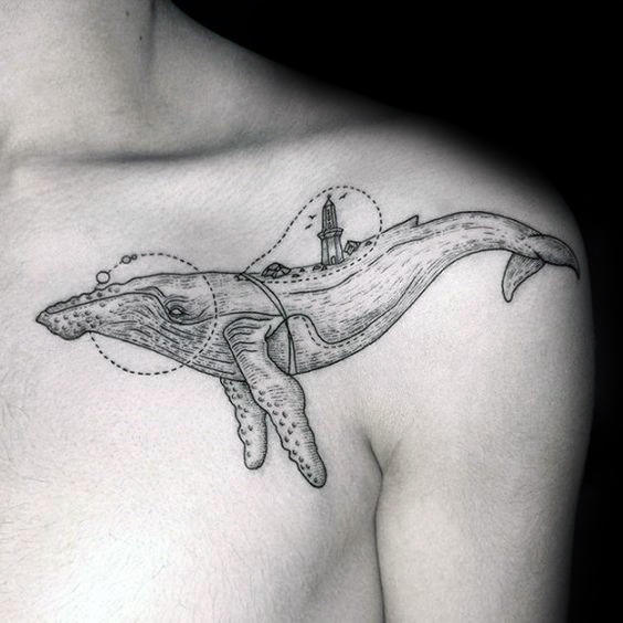 Amazing Male Whale Upper Shoulder And Chest Tattoos