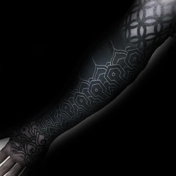 Amazing Male White Ink Over All Black Full Forearm Sleeve Pattern Tattoos
