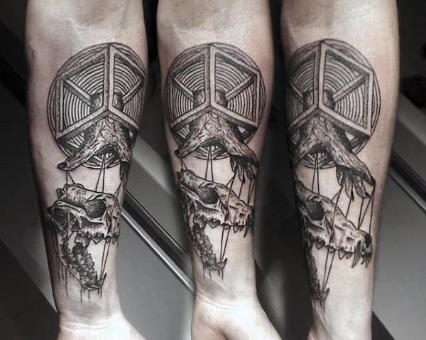Amazing Male Wolf Skull Tattoo Design On Inner Forearm