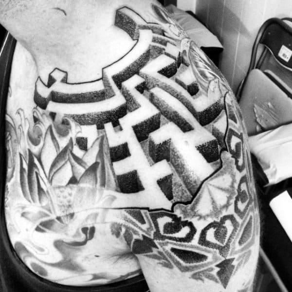 Amazing Maze 3d Guys Dotwork Shoulder Tattoo Design Ideas