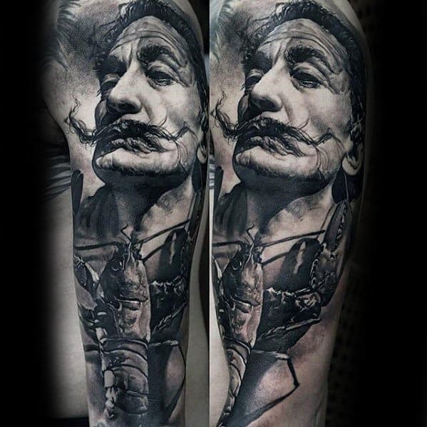 Realistic black and grey Salvador Dali tattoo featuring his iconic mustache and surreal imagery of ants and melting shapes.