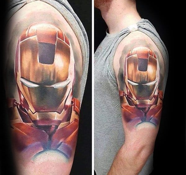 Iron Man tattoo featuring a large, detailed portrait of his helmet, with rich shading and vibrant colors, spanning across the upper arm for a dynamic and bold effect.
