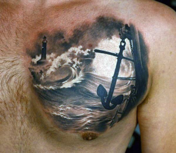Amazing Mens 3d Realistic Anchor Tattoo Design On Chest