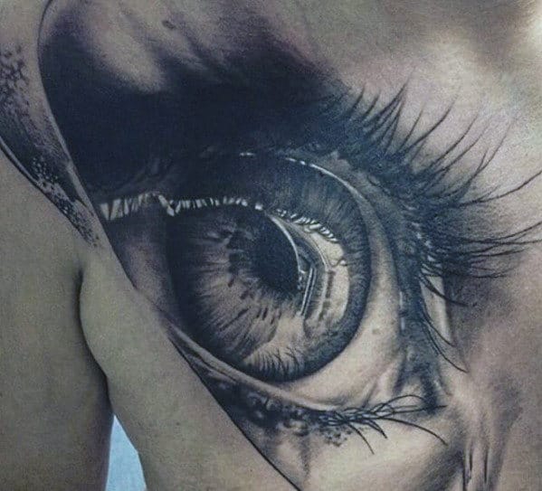 Amazing Mens 3d Realistic Eye Tattoo On Upper Chest
