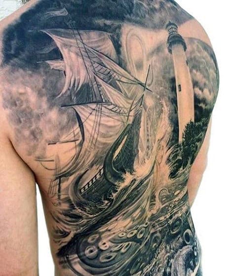 Amazing Mens 3d Realistic Octopus Sailing Ship Back Tattoo Ideas