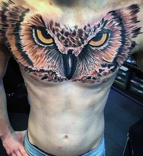 Amazing Mens 3d Realistic Owl Upper Chest Tattoos