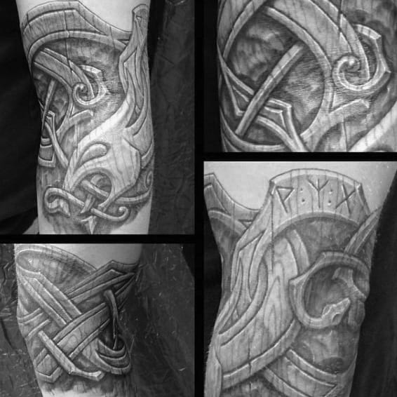 Amazing Mens 3d Wood Carving Quarter Sleeve Tattoo Ideas