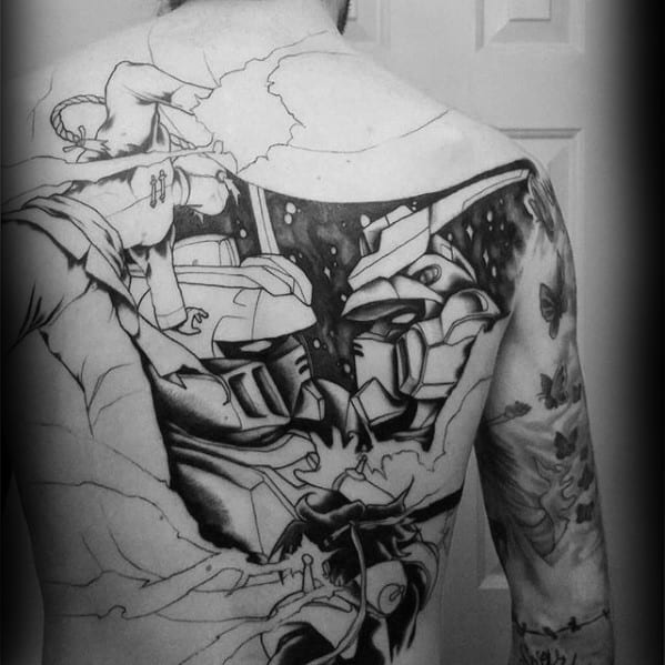 Amazing Mens Anime Full Back Gundam Tattoo Designs