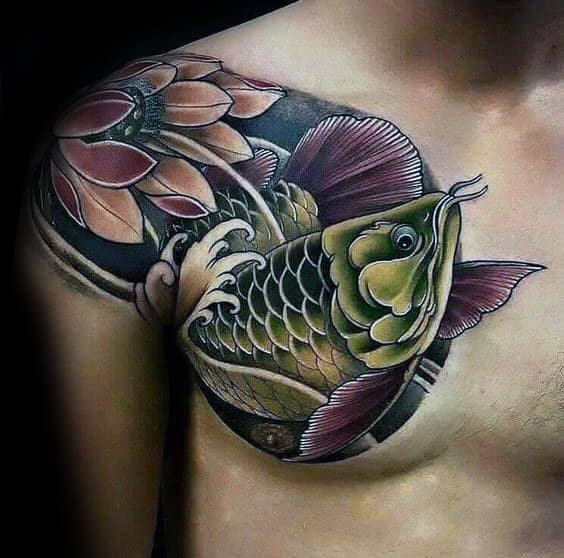 Amazing Mens Arowana Tattoo Designs On Upper Chest