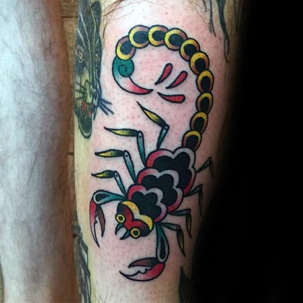 Amazing Mens Back Of Leg Traditional Scorpion Tattoo