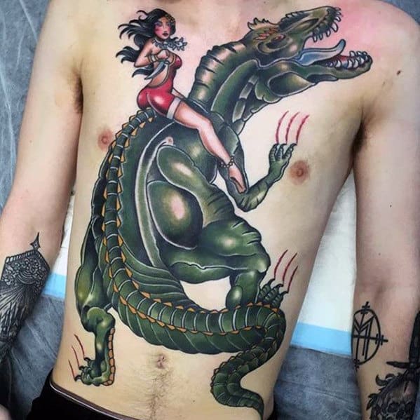 Amazing Mens Badass Old School Traditional Tattoo On Chest