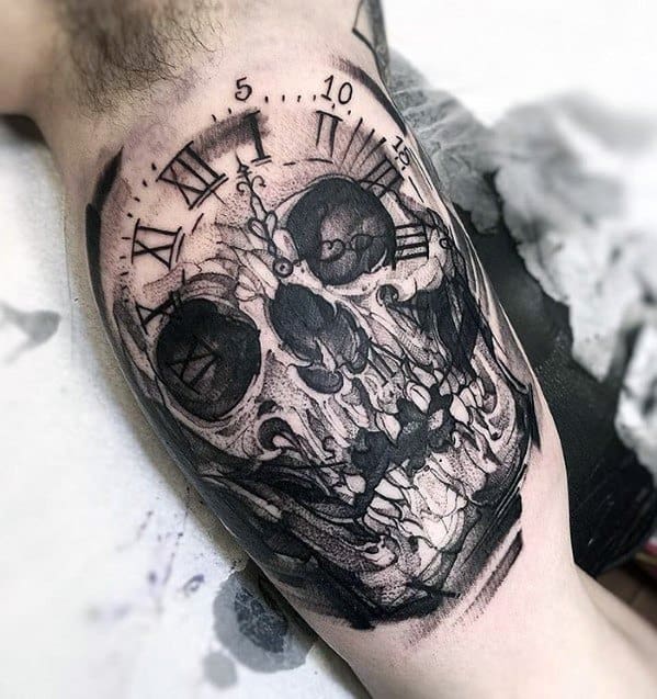 Amazing Mens Badass Skull Clock Inner Arm Bicep Tattoo Designs