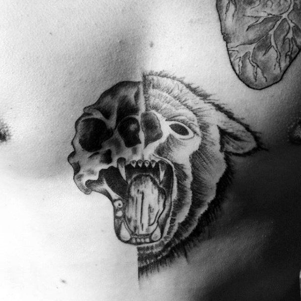 Amazing Mens Bear Skull Center Of Chest Tattoo Designs