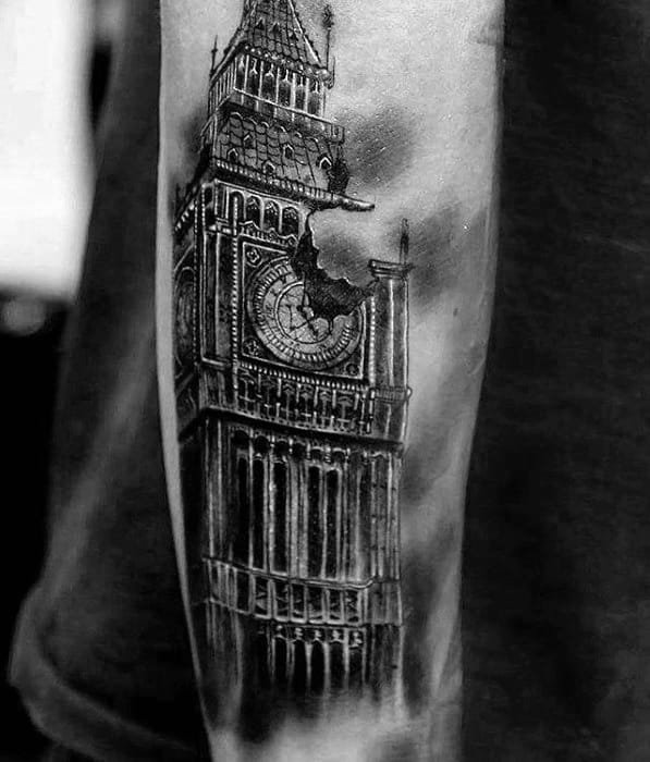 Detailed black and grey tattoo of Big Ben with a bat perched on the clock tower, showcasing intricate shading and linework.