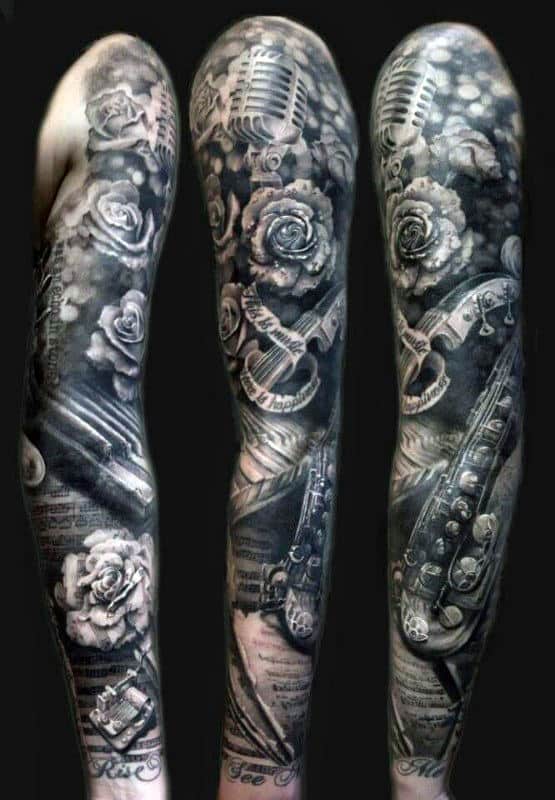 Amazing Mens Black And Grey Ink Full Music Sleeve Tattoo