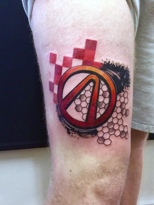 Borderlands logo tattoo with red gradient circle, layered over hexagons, red pixels, and a bold black paintbrush stroke.