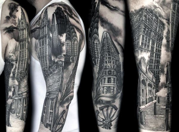 Amazing Mens Building Realistic Sleeve Tattoos